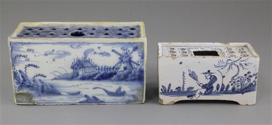 An English delftware blue and white flower brick and a similar Delft flower brick, c.1760, 16.2cm, the latter restored